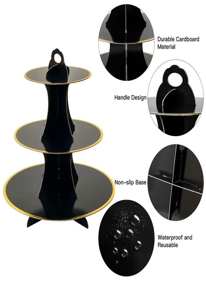 Soleebee 3-Tier Round Cupcake Stand, Cardboard Cupcake Tower, Dessert Cup Cake Stand Tower for Birthday Wedding Party Decoration, Cupcake Tier Stand 2 Set (Black Gold) - Image 3