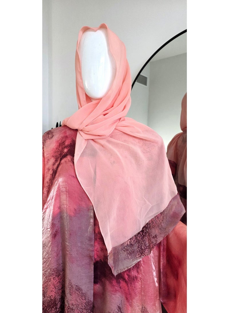 عباية نسائية طويلة بطبعة زهور مع شيلة مطابقة - وردي - Image 2