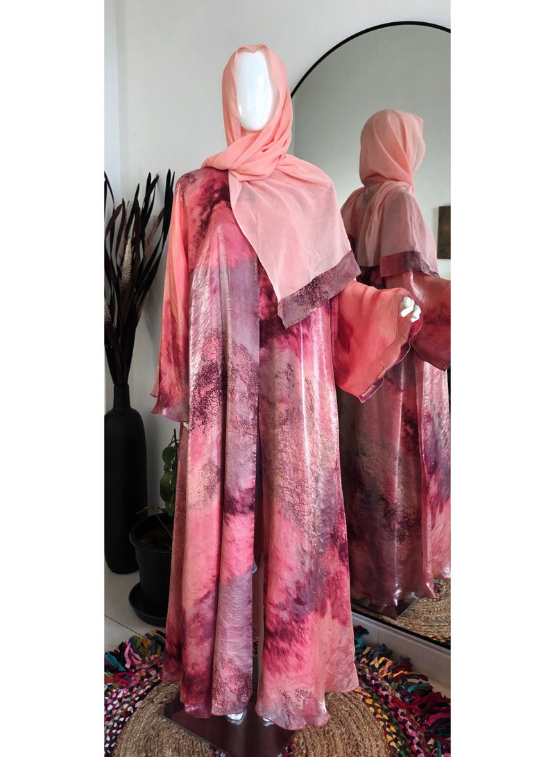 عباية نسائية طويلة بطبعة زهور مع شيلة مطابقة - وردي - Image 4