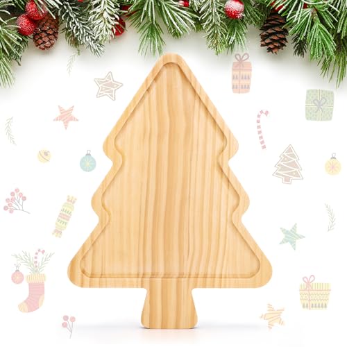 WILLKOMMEN Christmas Tree Shaped Wooden Serving Tray - 12" Charcuterie Board for Cheese, Snacks, Appetizers & Desserts - Holiday Platter with Handles, Christmas Decorative Tray (12 x 8.7 x 0.6 Inches) - Image 1