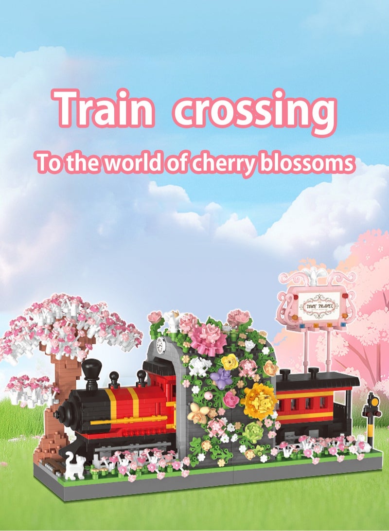 2665PCS retro train cherry blossom forest building blocks puzzle children's toys holiday gifts home decoration accessories