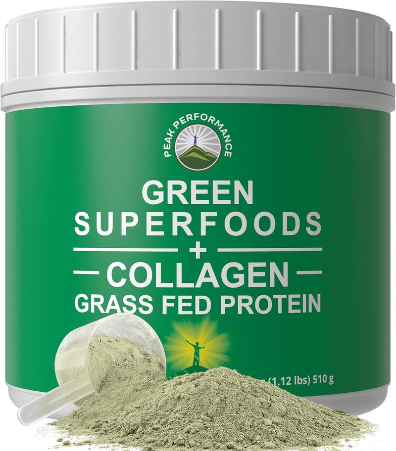 Peak Performance Greens Superfood  Grass Fed Collagen Peptides Powder  Ultimate Blend of Best Tasting Green Superfood with Pure Pasture Raised Hydrolyzed Protein Powder for Skin Hair  Joint Health - Image 1