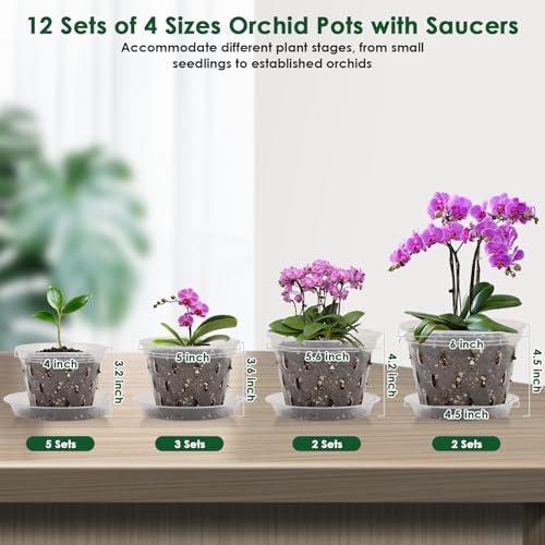 Jollidecor 12 Orchid Pots with Holes and Saucers for Repotting, 4" 5" 5.6" 6" Clear Orchid Pot with Green Orchid Stick Clip, Breathable Slotted Plastic Orchid Planter with Drainage for Root Health Indoor Outdoor - Image 2