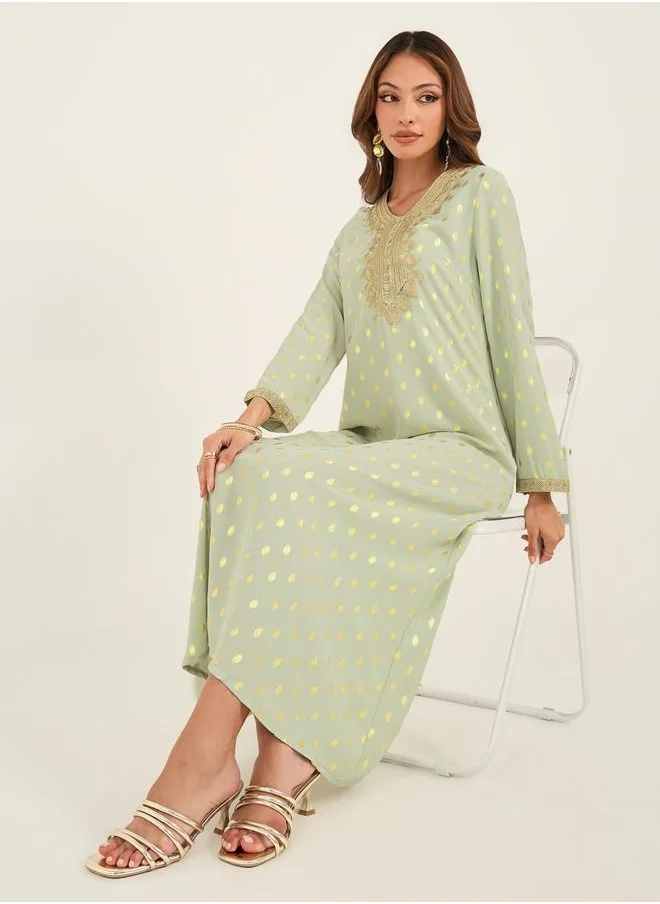 KL Foil Print Lace Detail Round Neck Kaftan by Styli