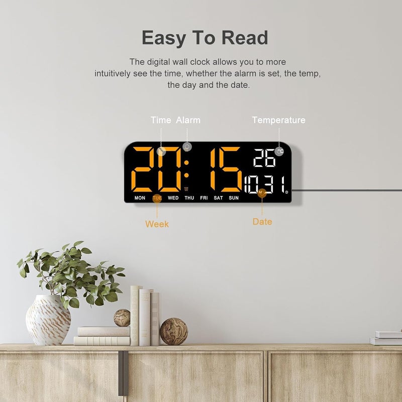 Parlberd ساعة حائط رقمية LED مع درجة الحرارة، منبه مزدوج، مؤقت تنازلي، سطوع قابل للتعديل بـ5 مستويات، ساعة كهربائية قابلة للتوصيل لغرفة النوم، المطبخ، المكتب، ديكور غرفة المعيشة (تنسيق 12/24 ساعة) - Image 5