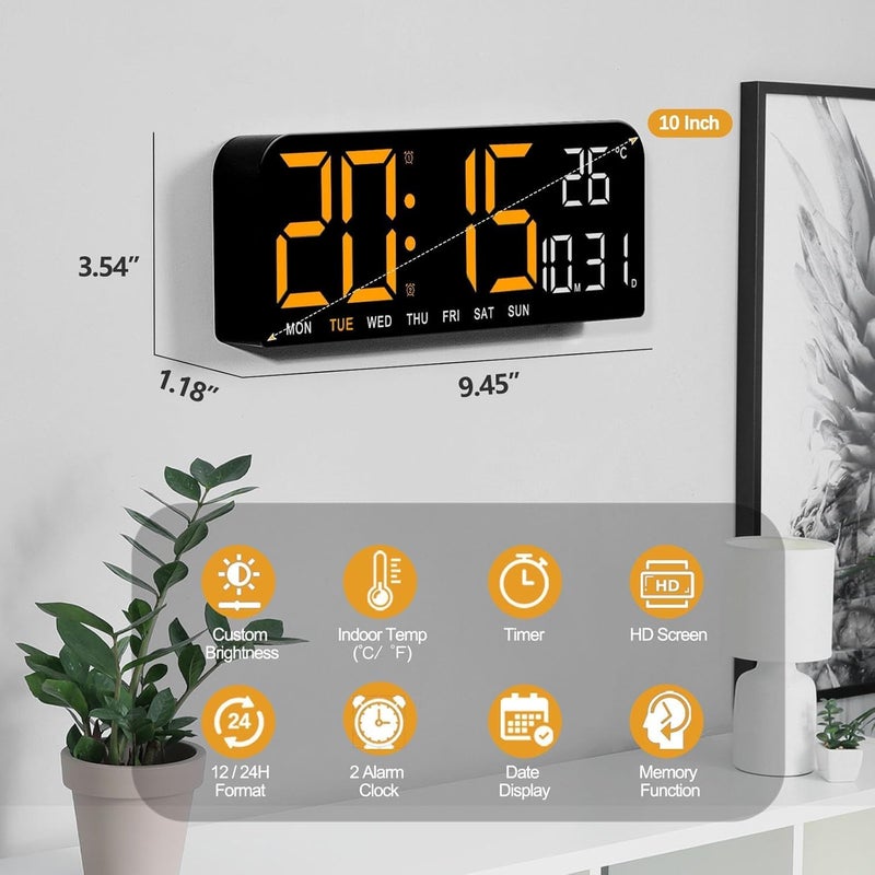 Parlberd ساعة حائط رقمية LED مع درجة الحرارة، منبه مزدوج، مؤقت تنازلي، سطوع قابل للتعديل بـ5 مستويات، ساعة كهربائية قابلة للتوصيل لغرفة النوم، المطبخ، المكتب، ديكور غرفة المعيشة (تنسيق 12/24 ساعة) - Image 2