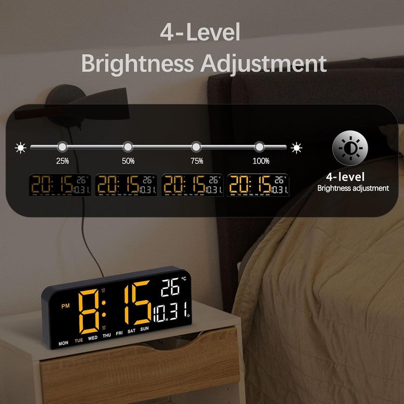 Parlberd ساعة حائط رقمية LED مع درجة الحرارة، منبه مزدوج، مؤقت تنازلي، سطوع قابل للتعديل بـ5 مستويات، ساعة كهربائية قابلة للتوصيل لغرفة النوم، المطبخ، المكتب، ديكور غرفة المعيشة (تنسيق 12/24 ساعة) - Image 3