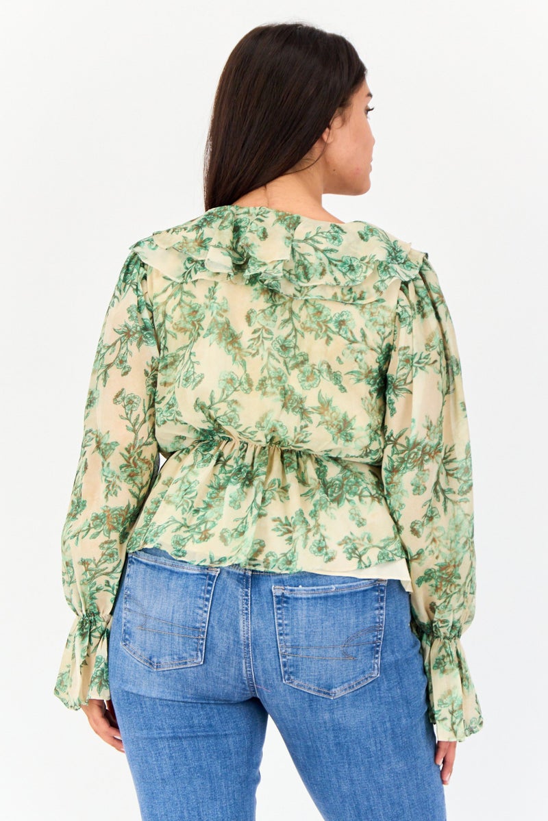 Archive Design Studio Women V Neck Long Sleeve Floral Print Top, Multicolor - Image 3