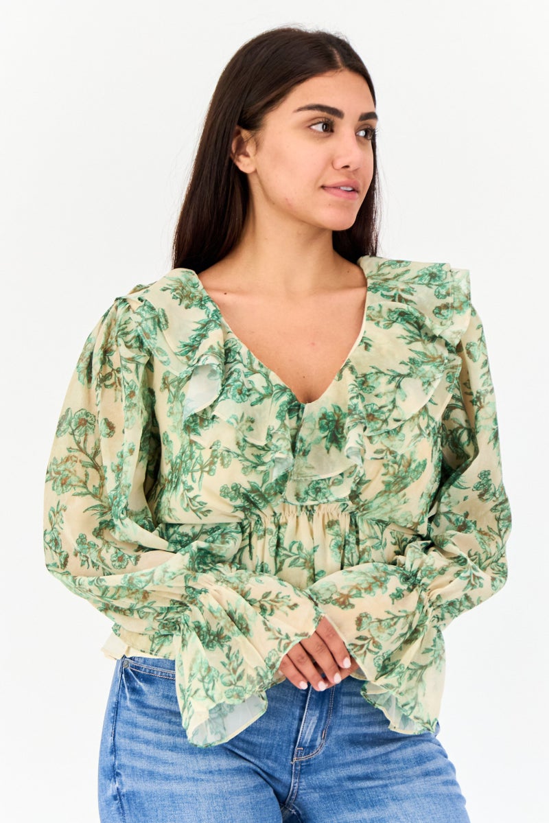 Archive Design Studio Women V Neck Long Sleeve Floral Print Top, Multicolor - Image 1