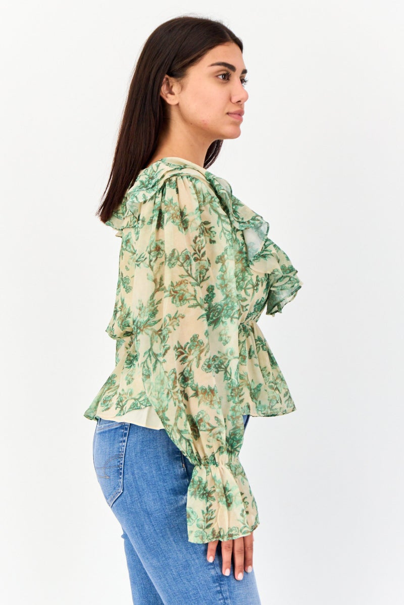 Archive Design Studio Women V Neck Long Sleeve Floral Print Top, Multicolor - Image 2