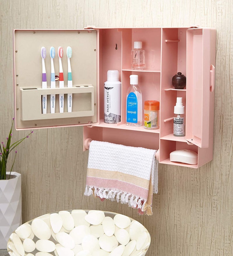 Epraiser Epraiser Wall Mount Bathroom Cabinet with Rod 1 Mirror Door Toothbrush Holder 8 Shelve_Pink_16 Inch x 17 Inch x 4 Inch  - Image 1