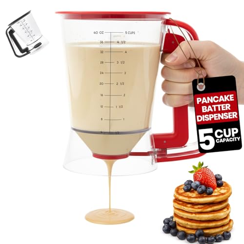 Eggssentials - Pancake dispenser, 5-Cup/1200ml Pancake Dispenser for Batter, Cupcake Batter Dispenser, Waffles & Crepes, Easy Squeeze Handle, Dishwasher Safe - Red Pancake Mix Dispenser - Image 1