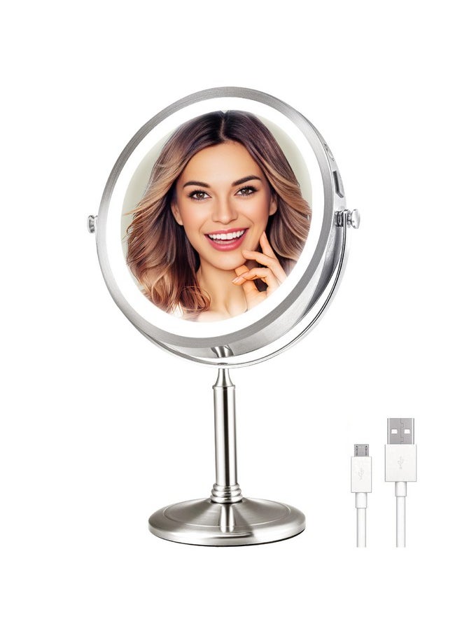 VESAUR 10X Large Lighted Makeup Mirror 3000Mah Rechargeable 8 Vanity Mirror With 3 Colors Light 1X/10X Magnifying Desk Mirror With Detachable Basebrightness Adjustable 360°Rotationsenior Nickel  - Image 1