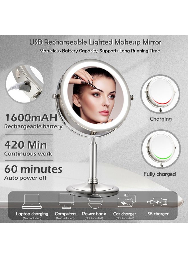 VESAUR 10X Large Lighted Makeup Mirror 3000Mah Rechargeable 8 Vanity Mirror With 3 Colors Light 1X/10X Magnifying Desk Mirror With Detachable Basebrightness Adjustable 360°Rotationsenior Nickel  - Image 5