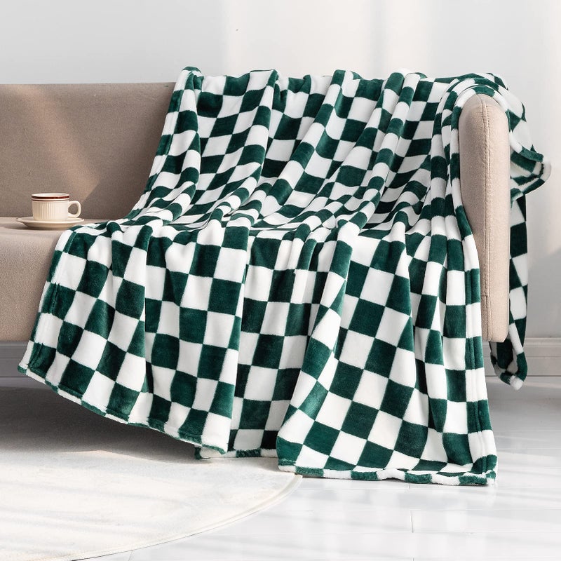 LOMAO Throw Blankets Flannel Blanket with Checkerboard Grid Pattern Soft Throw Blanket for Couch Bed Sofa Luxurious Warm and Cozy for All Seasons Green 50x60