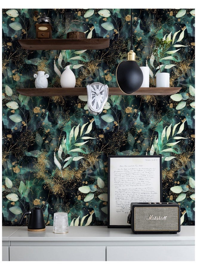 HAOKHOME 93208 Boho Peel And Stick Wallpaper Leaves Branch Removable Black/Green/Matte Gold Vinyl Self Adhesive Mural For Bedroom 17.7In X 9.8Ft  - Image 3