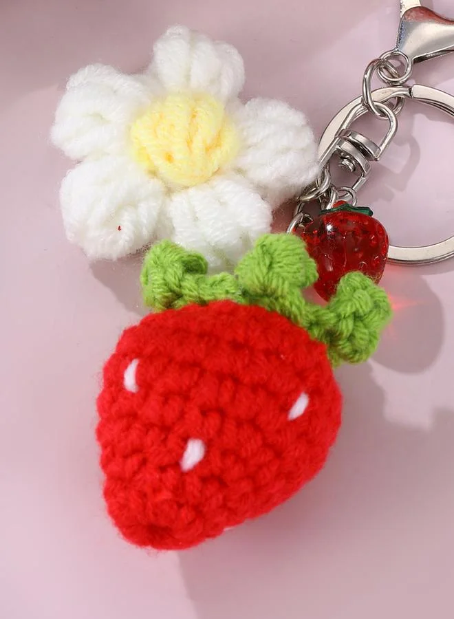 Take Two Red Crochet Strawberry Keychain with Flower Charm