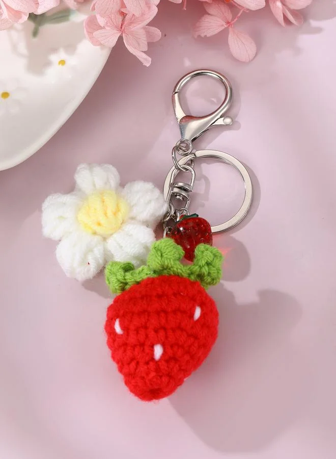 Take Two Red Crochet Strawberry Keychain with Flower Charm
