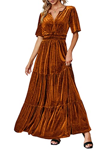 Amegoya Women's Velvet Short Sleeve V Neck Formal Wedding Guest Maxi Dresses Fall Evening Party Long Dresses（M Earthy Orange） - Image 1