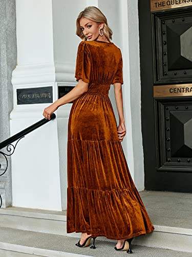 Amegoya Women's Velvet Short Sleeve V Neck Formal Wedding Guest Maxi Dresses Fall Evening Party Long Dresses（M Earthy Orange） - Image 4