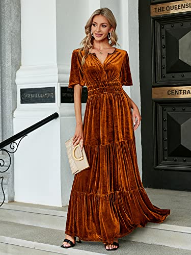 Amegoya Women's Velvet Short Sleeve V Neck Formal Wedding Guest Maxi Dresses Fall Evening Party Long Dresses（M Earthy Orange） - Image 2
