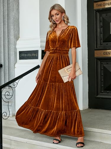 Amegoya Women's Velvet Short Sleeve V Neck Formal Wedding Guest Maxi Dresses Fall Evening Party Long Dresses（M Earthy Orange） - Image 5
