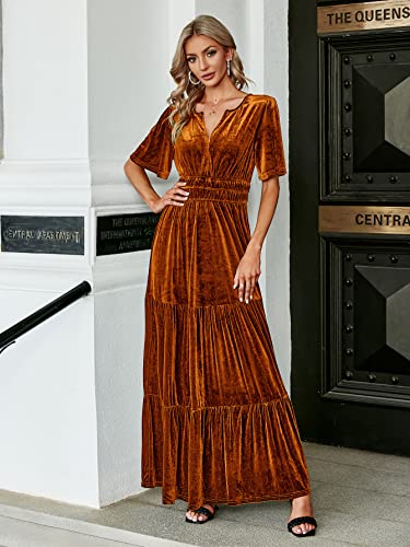 Amegoya Women's Velvet Short Sleeve V Neck Formal Wedding Guest Maxi Dresses Fall Evening Party Long Dresses（M Earthy Orange） - Image 3
