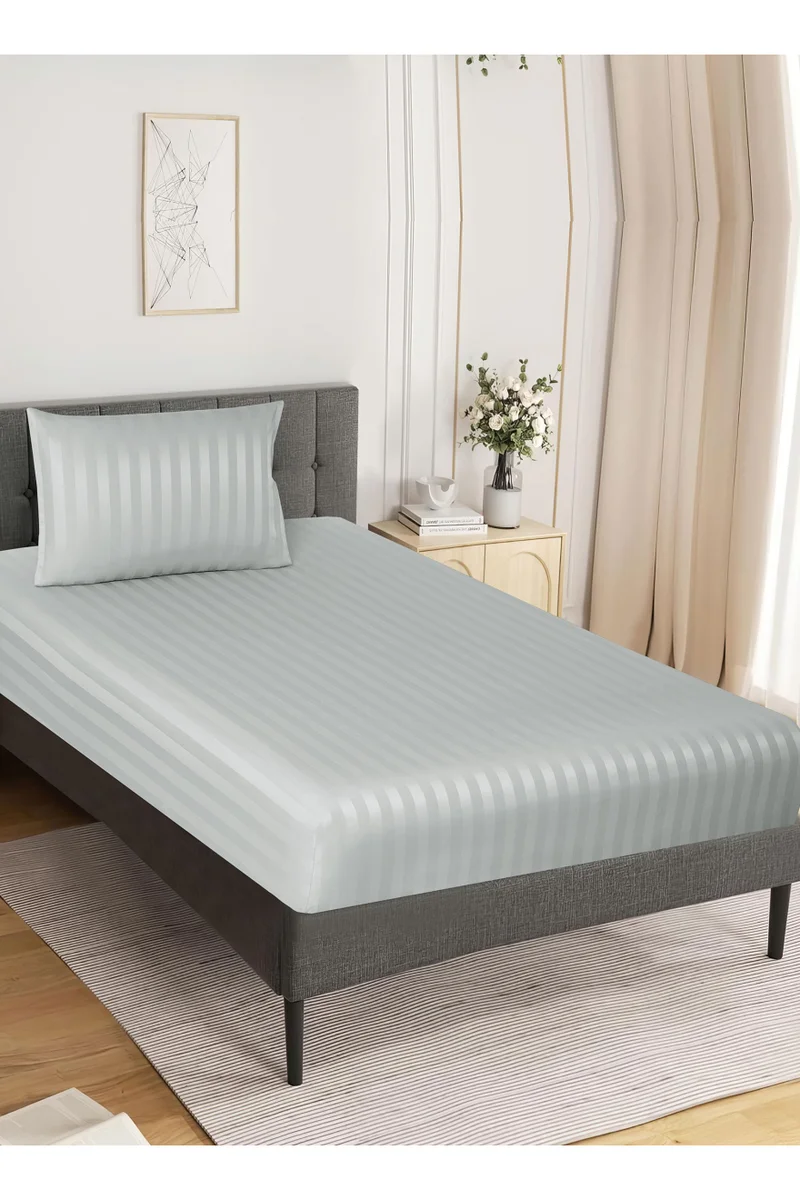 Donetella 2-Piece Striped Bedding Set – Single Fitted Sheet 120x200+30 cm with All-Around Elastic &amp; 1 Matching Pillowcases