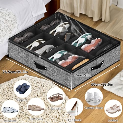 homyfort Under Bed Shoe Storage Organizer for Closet Fits 24 Pairs-Sturdy Underbed Shoe Storage Box Bins,Set of 2 (Linen-like Black) - Image 2