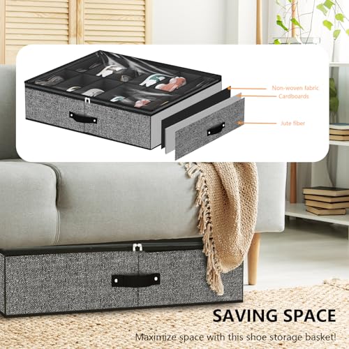 homyfort Under Bed Shoe Storage Organizer for Closet Fits 24 Pairs-Sturdy Underbed Shoe Storage Box Bins,Set of 2 (Linen-like Black) - Image 3