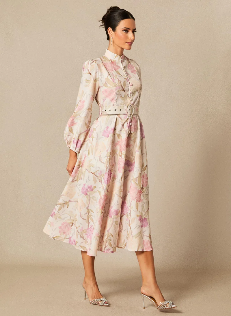 سنفير Callie Floral Print Puff Sleeve Midi Dress