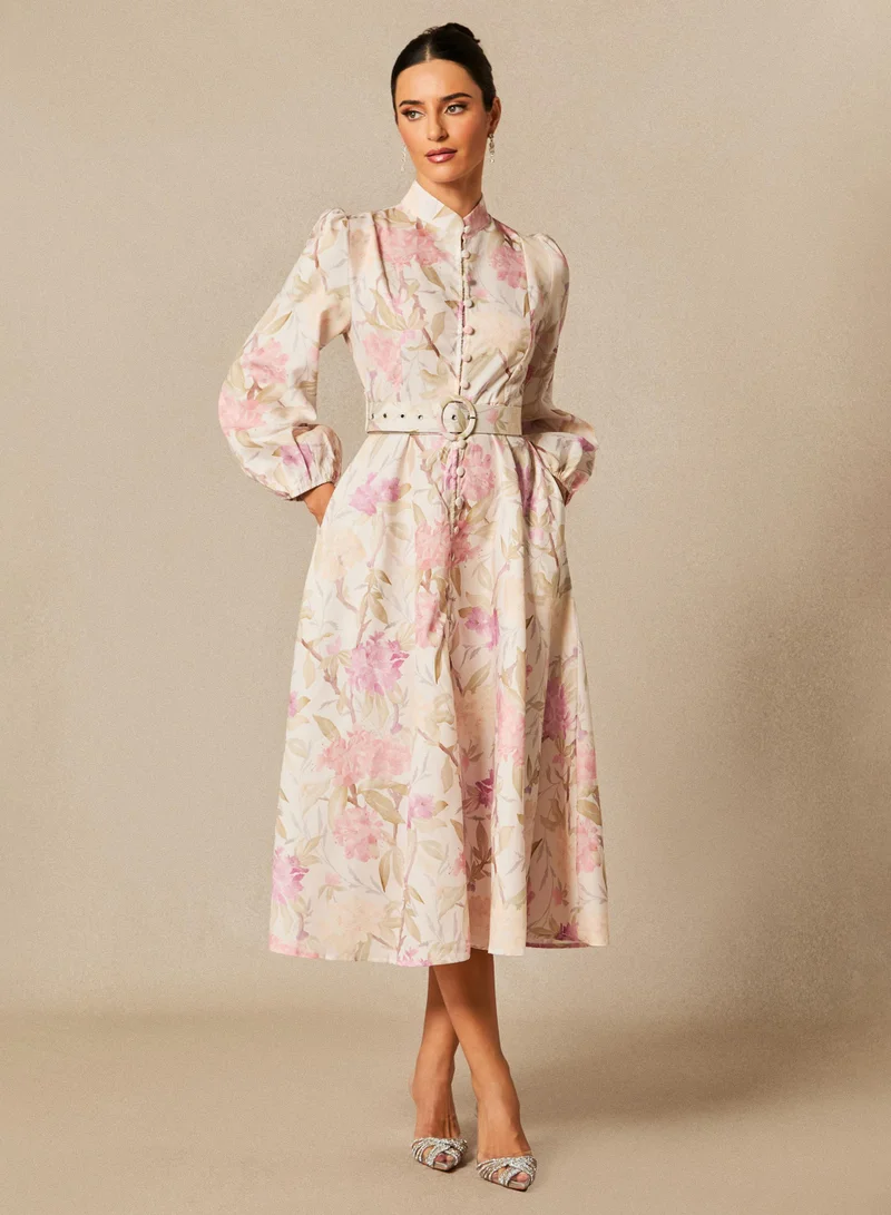 سنفير Callie Floral Print Puff Sleeve Midi Dress
