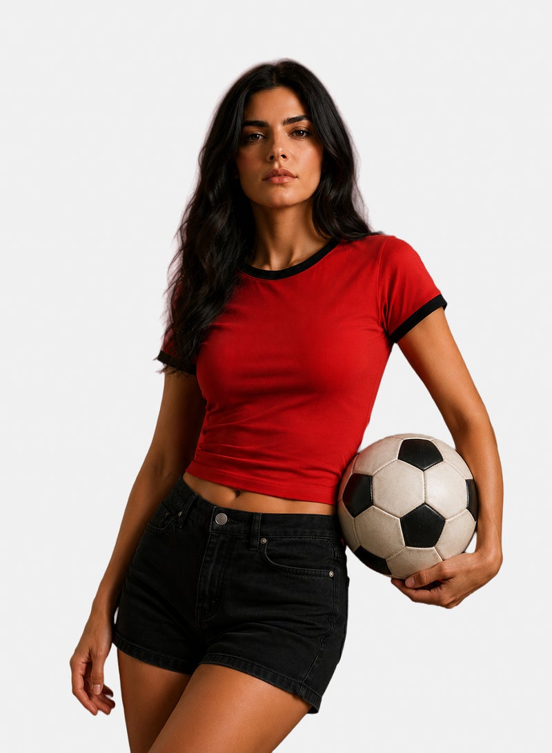 VALYA Women's Ribbed Derby Basic T-Shirt with Contrast Collar and Sleeve Trim - Image 3