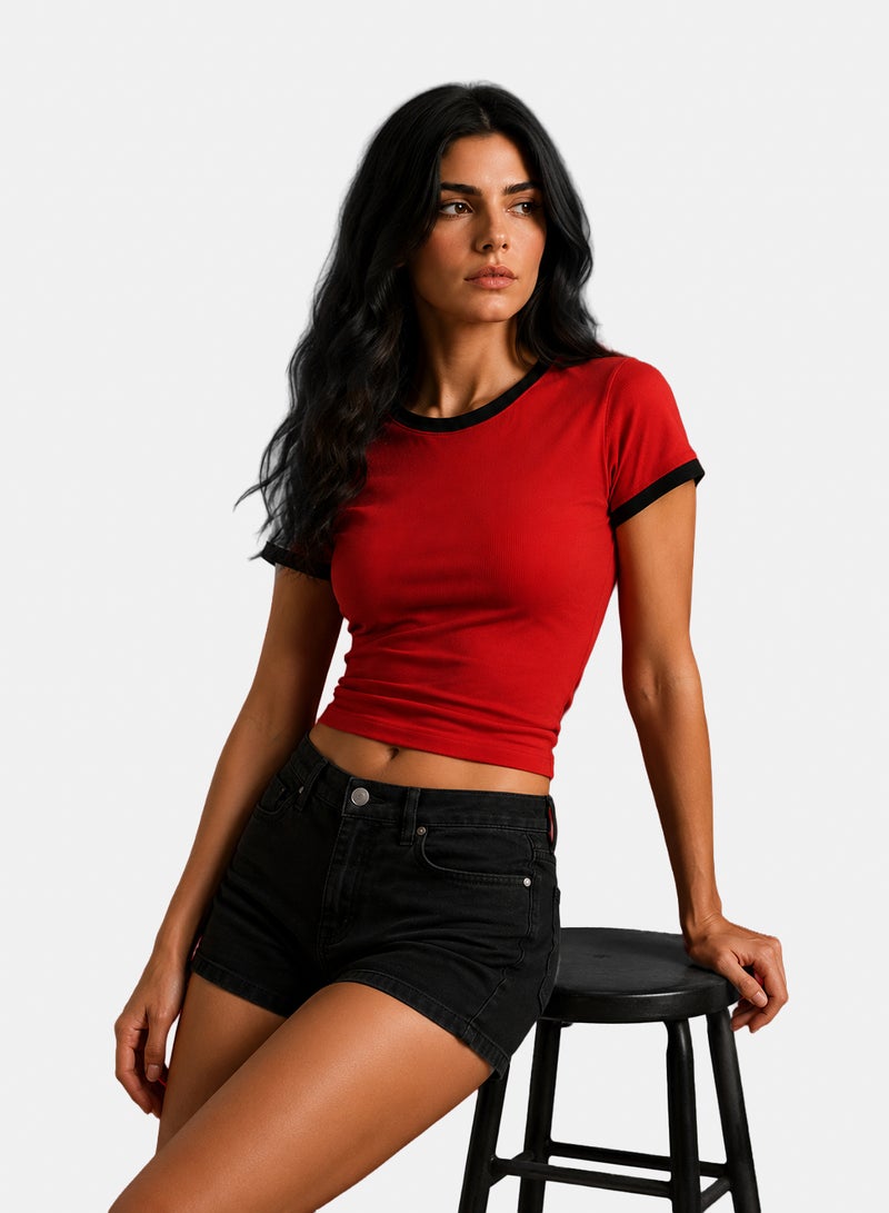 VALYA Women's Ribbed Derby Basic T-Shirt with Contrast Collar and Sleeve Trim - Image 1
