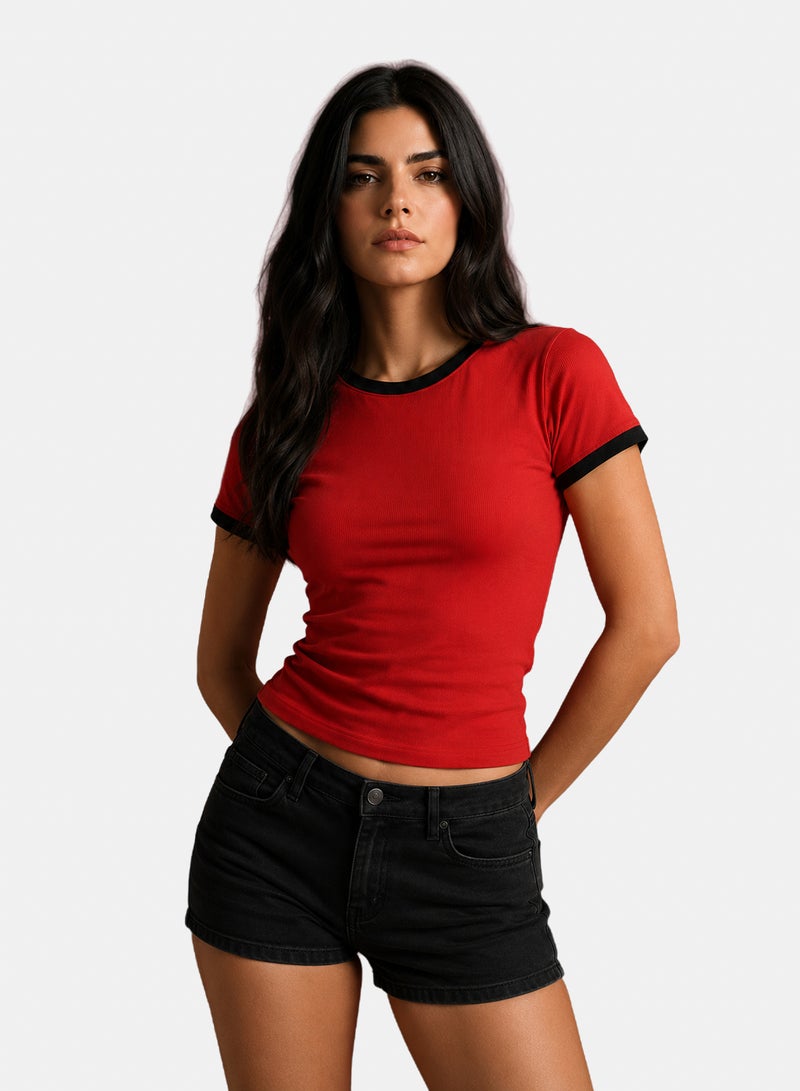 VALYA Women's Ribbed Derby Basic T-Shirt with Contrast Collar and Sleeve Trim - Image 2