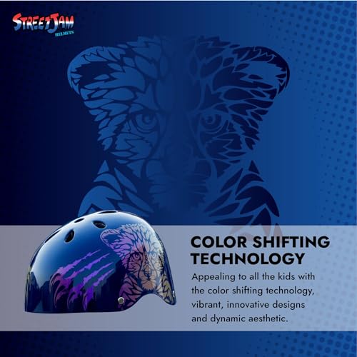 STREETJAM Kids Cycle Helmet Wild Riderz Open Face Helmet with Colour Shifting Technology, Hard Outer Shell, EPS Inner Comfort case, Adjustable Strap & Dial(8-13 Years, Blue(Gold, Red, Purple)) - Image 2
