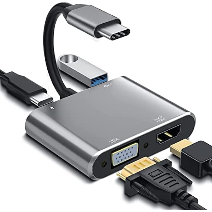 rayihni محول عرض 4 في 1 USB 3.1 نوع C إلى HDMI VGA 2 في 1، متوافق مع 4K 2K UHD، محول عرض مزدوج للشاشة في وقت واحد لمنافذ Thunderbolt 3، وصول جديد - Image 1