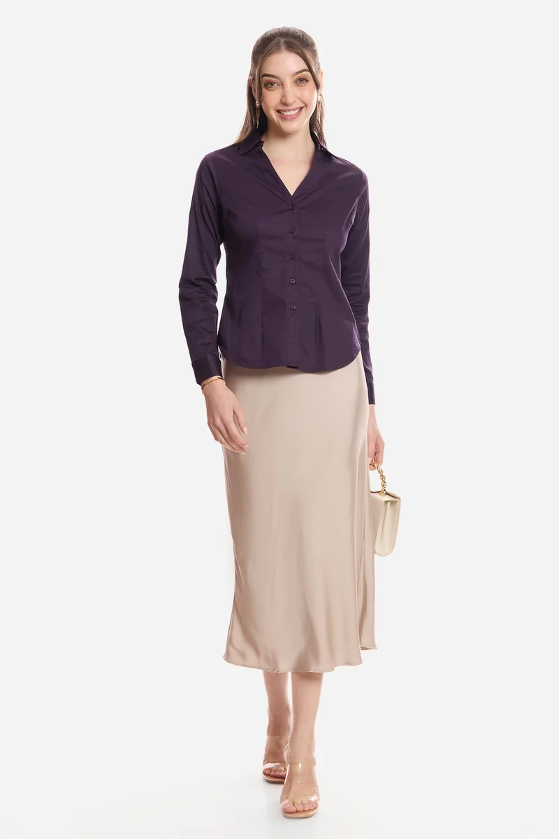 Virgio Solid Cotton Cinched Waist Full Sleeve Shirt for Women