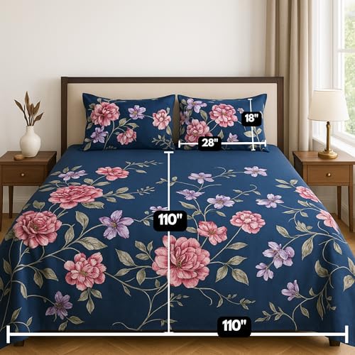 RUSTIQUE LINENS | Digitally Printed with Reactive Ink Tech | 300 TC 100% Organic Cotton Premium Bedsheet Set | Ultra-Soft Satin-Like Finish - Floral Ocean Blue - Image 4