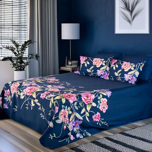 RUSTIQUE LINENS | Digitally Printed with Reactive Ink Tech | 300 TC 100% Organic Cotton Premium Bedsheet Set | Ultra-Soft Satin-Like Finish - Floral Ocean Blue - Image 3