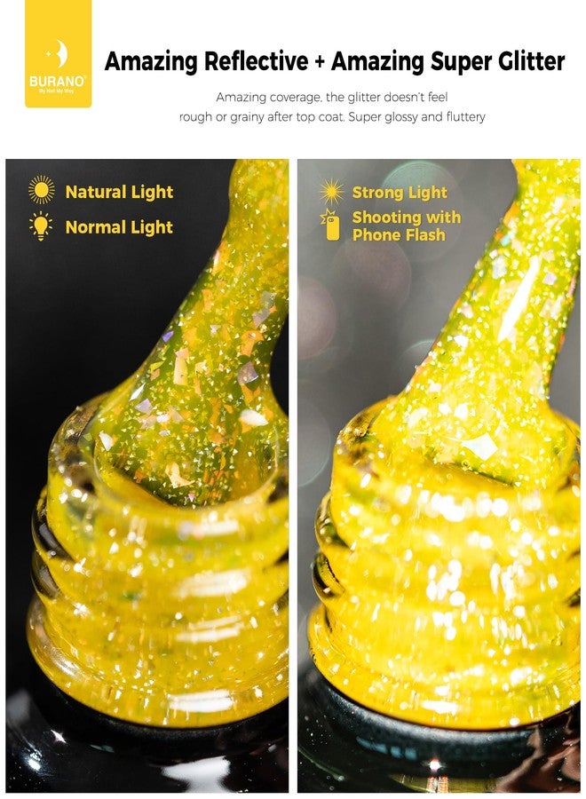 BURANO Holographic Gel Polish, Reflective Glitter Gel Polish 7.3ml UV LED Yellow Glitter Gel Nail Polish for Home DIY, Diamond Gel Nail Polish Curing Required (YH5) - Image 2