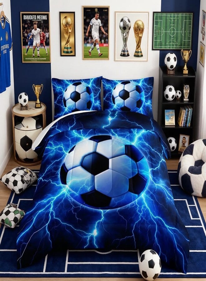 HOSIMA Soccer Twin Bedding Sets,A Soccer Surrounded by Blue Lightning Print Lightweight Comforter for Boys Room Decor,Soccer Pattern Sports Bedding Twin for Teens Girls with 2 Pillowcases. - Image 1