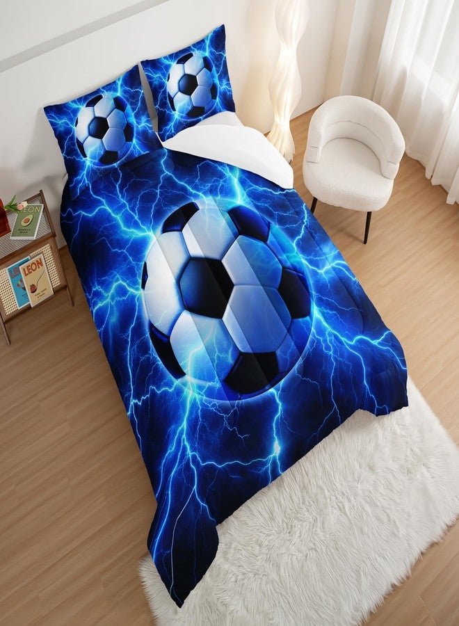 HOSIMA Soccer Twin Bedding Sets,A Soccer Surrounded by Blue Lightning Print Lightweight Comforter for Boys Room Decor,Soccer Pattern Sports Bedding Twin for Teens Girls with 2 Pillowcases. - Image 3