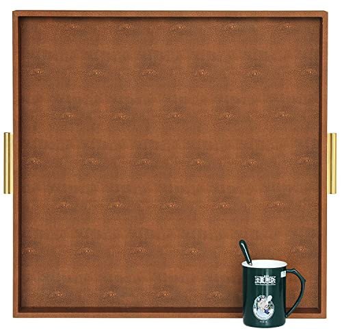 HofferRuffer Extra Large Square Serving Tray Elegant Faux Leather Ottoman Tray with Gold Hardware Handles Serve Tea Coffee or Breakfast in Bed 24 x 24 inches Brown Shagreen