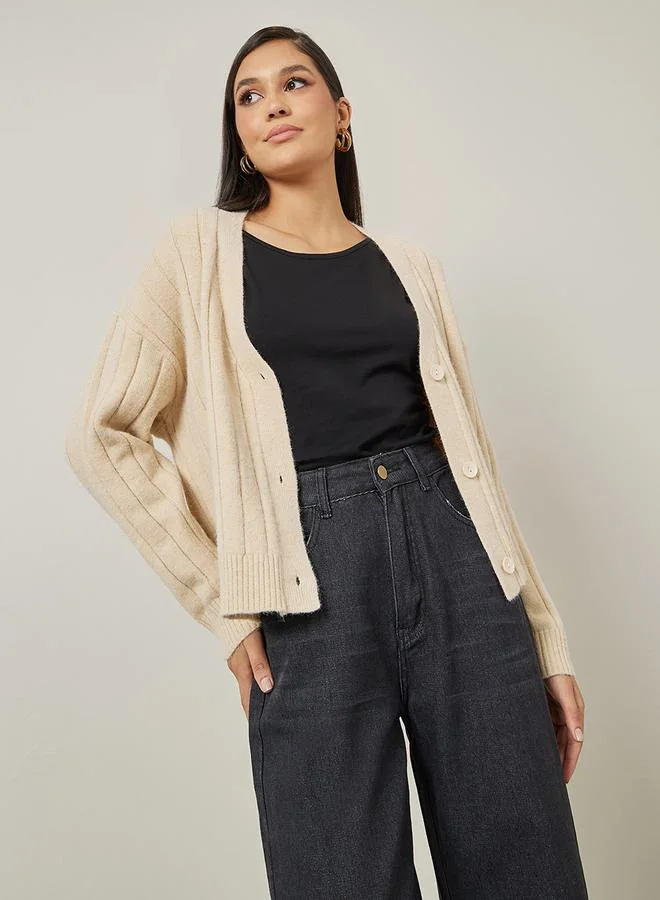 Styli Boxy Fit Ribbed Button Through Cardigan