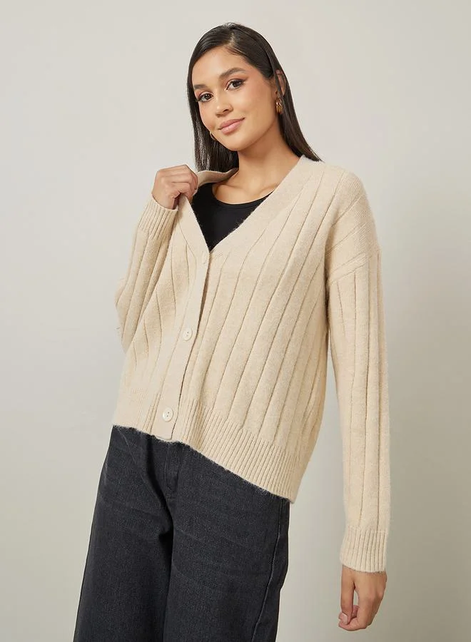 Styli Boxy Fit Ribbed Button Through Cardigan