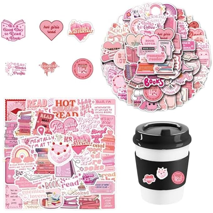 rayihni BOOK STICKERS 120PCS, PINK BOOKISH STICKERS, WATERPROOF STICKERS FOR LAPTOPS, WATER BOTTLES, MOBILE PHONES, SKATEBOARDS, BOOKS, AND LUGGAGE - Image 1