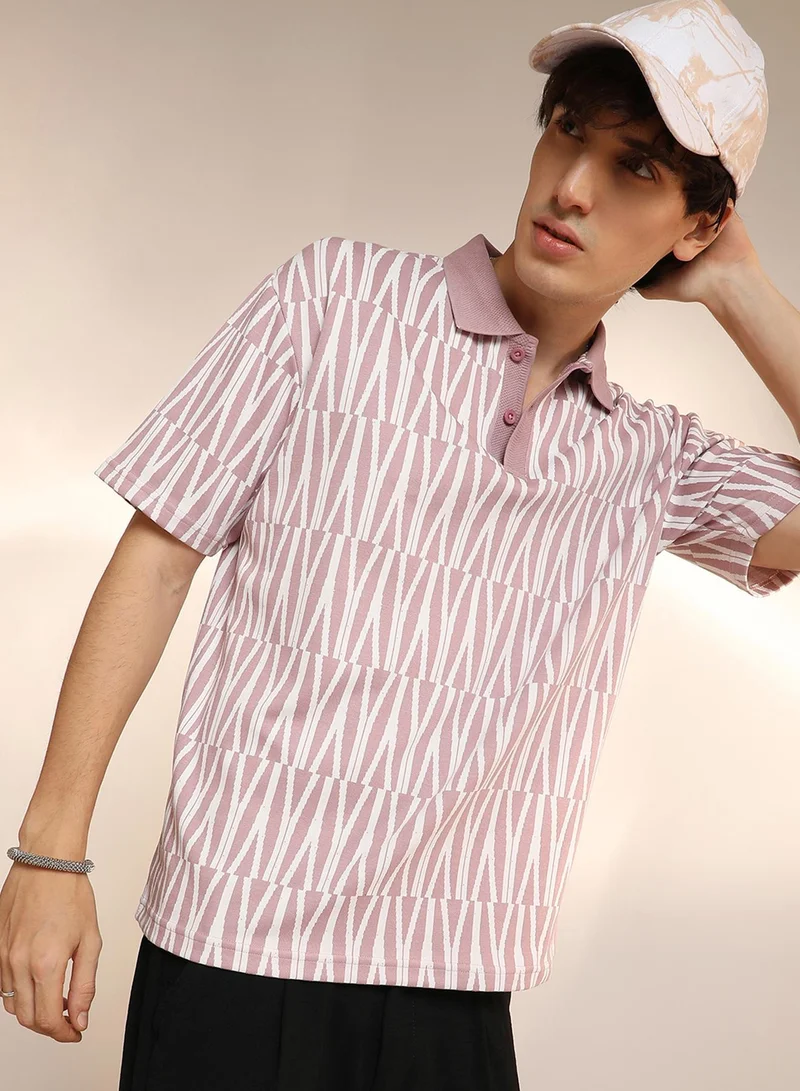 Campus Sutra Men's Rouge Pink Veined Polo T-Shirt