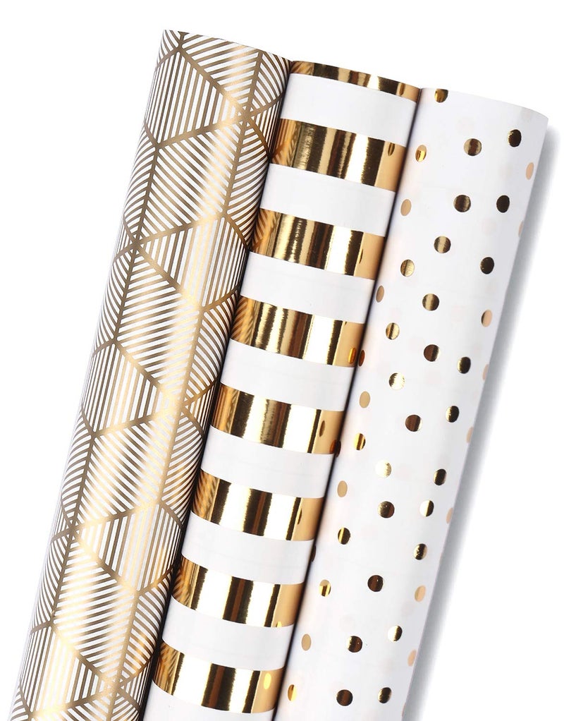 MAYPLUSS Birthday Wrapping Paper Roll - Mini Roll - 17 inch x 120 inch Per roll - White & Gold Foil Design (42.3 sq.ft.ttl) - Image 1