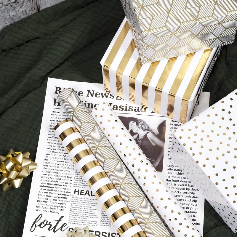 MAYPLUSS Birthday Wrapping Paper Roll - Mini Roll - 17 inch x 120 inch Per roll - White & Gold Foil Design (42.3 sq.ft.ttl) - Image 2